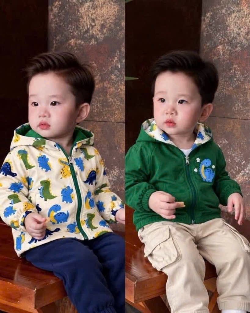 (chờ) AB975 - ÁO KHOÁC GIÓ BÉ TRAI MŨ LIỀN 2 LỚP KHỦNG LONG XANH LÁ
