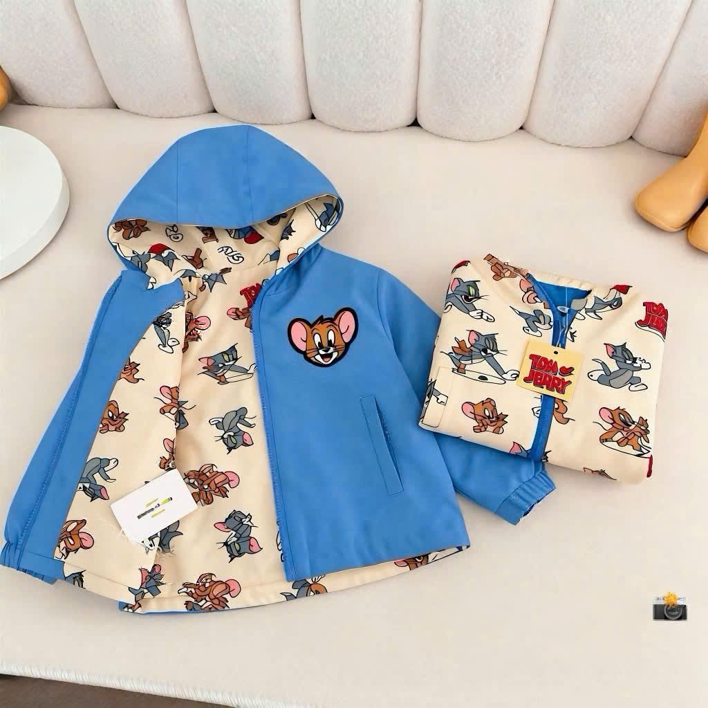 (chờ) AB977 - ÁO KHOÁC GIÓ BÉ TRAI XANH DƯƠNG 2 MẶT TOM JERRY