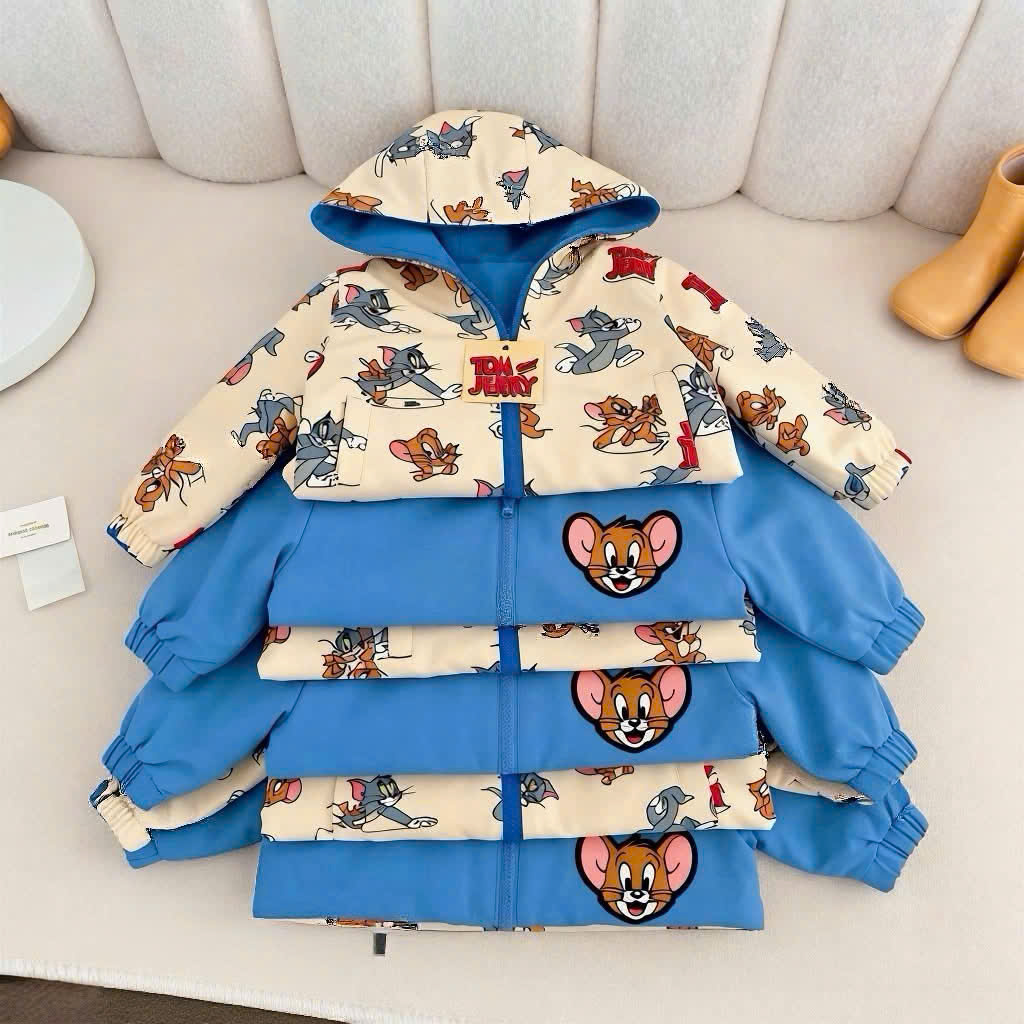 (chờ) AB977 - ÁO KHOÁC GIÓ BÉ TRAI XANH DƯƠNG 2 MẶT TOM JERRY