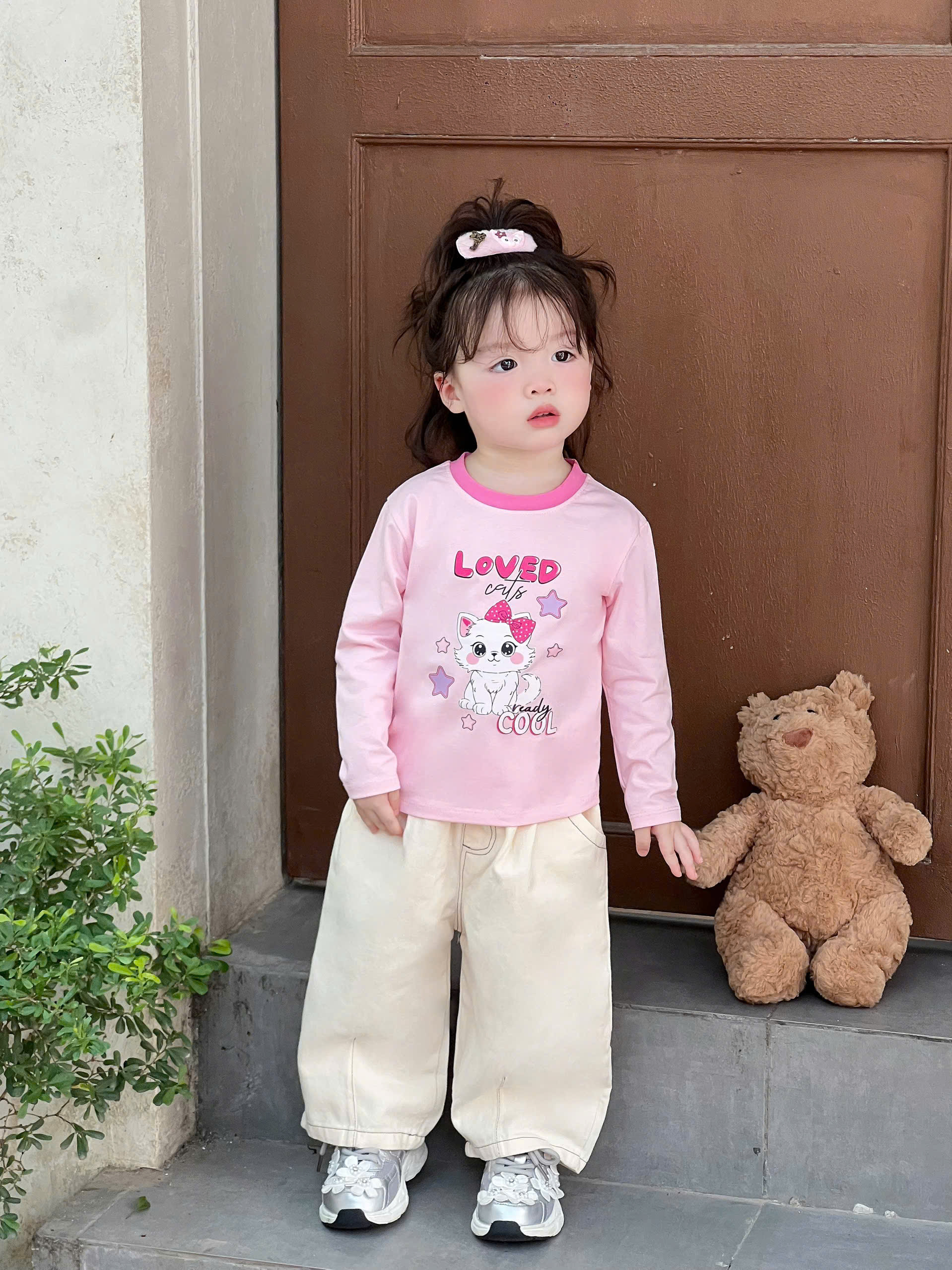 AB978 - SET 3 ÁO BÉ GÁI DÀI TAY CUTE LOVE CAT hồng vàng