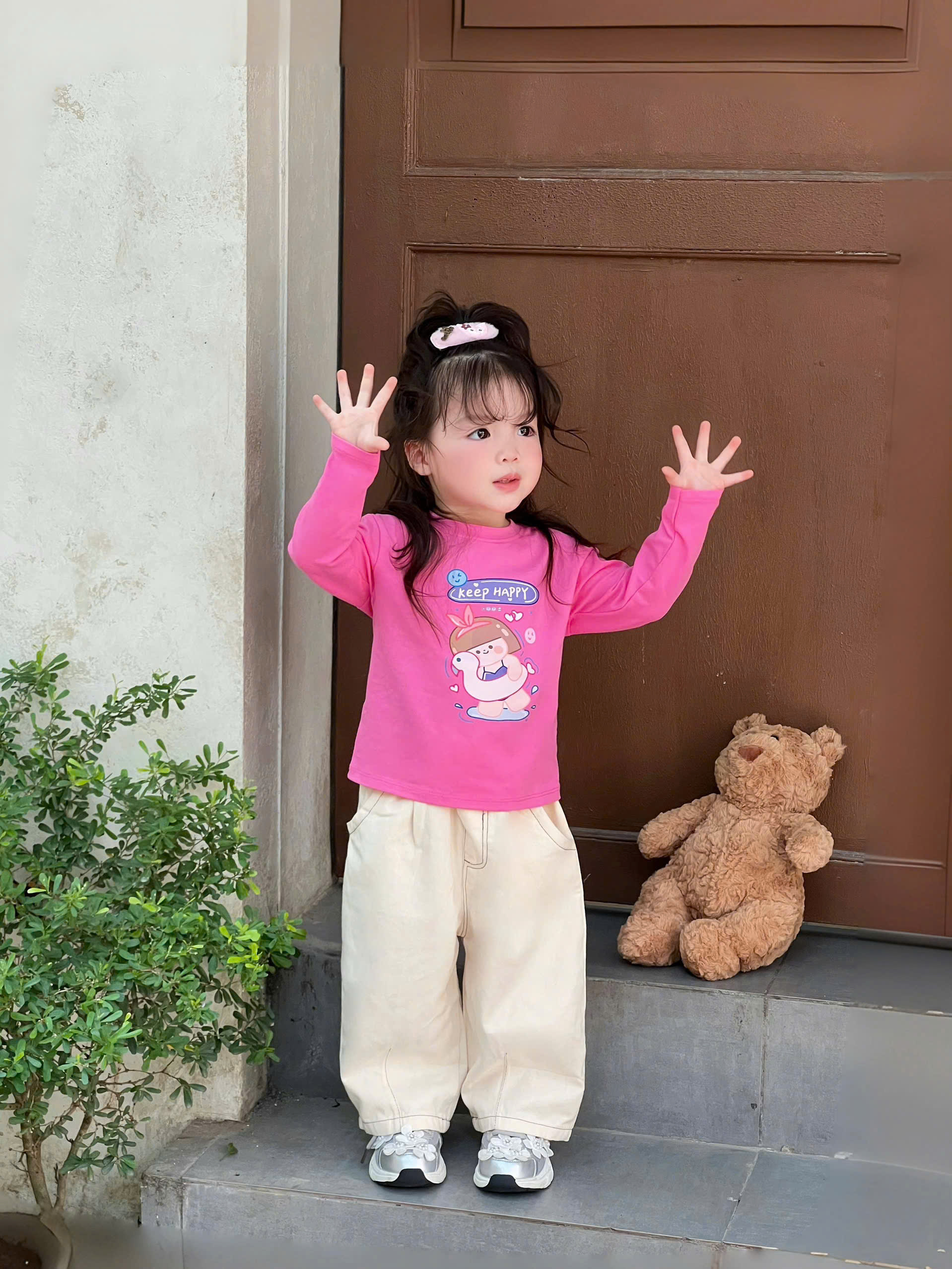 AB978 - SET 3 ÁO BÉ GÁI DÀI TAY CUTE LOVE CAT hồng vàng