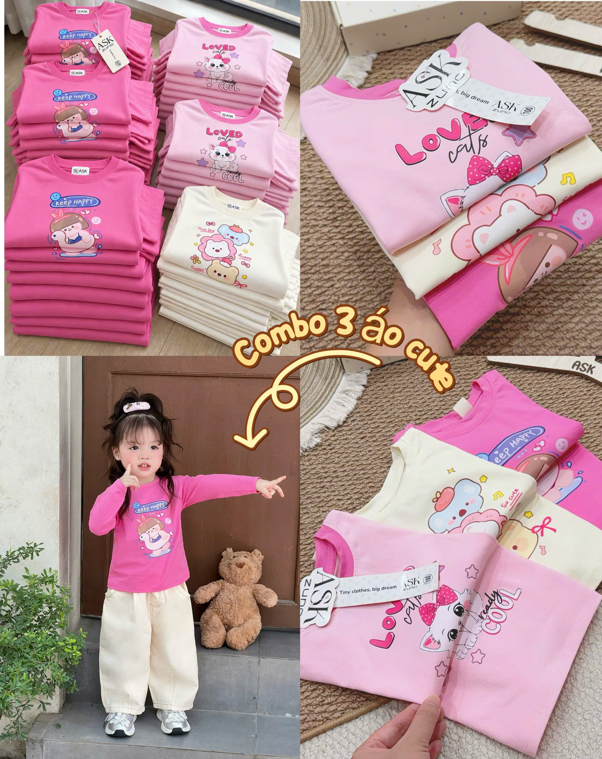 AB978 - SET 3 ÁO BÉ GÁI DÀI TAY CUTE LOVE CAT hồng vàng