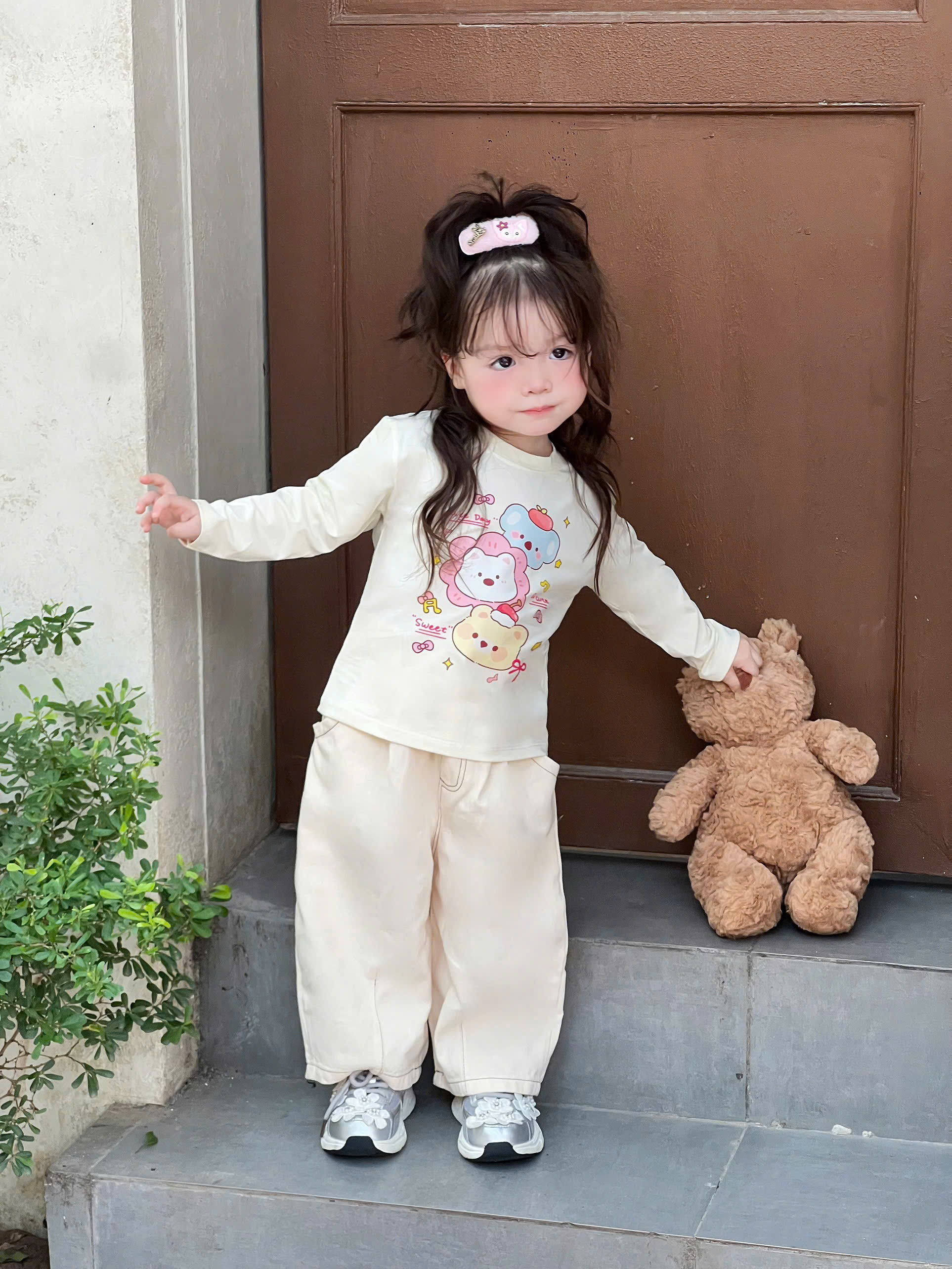 AB978 - SET 3 ÁO BÉ GÁI DÀI TAY CUTE LOVE CAT hồng vàng