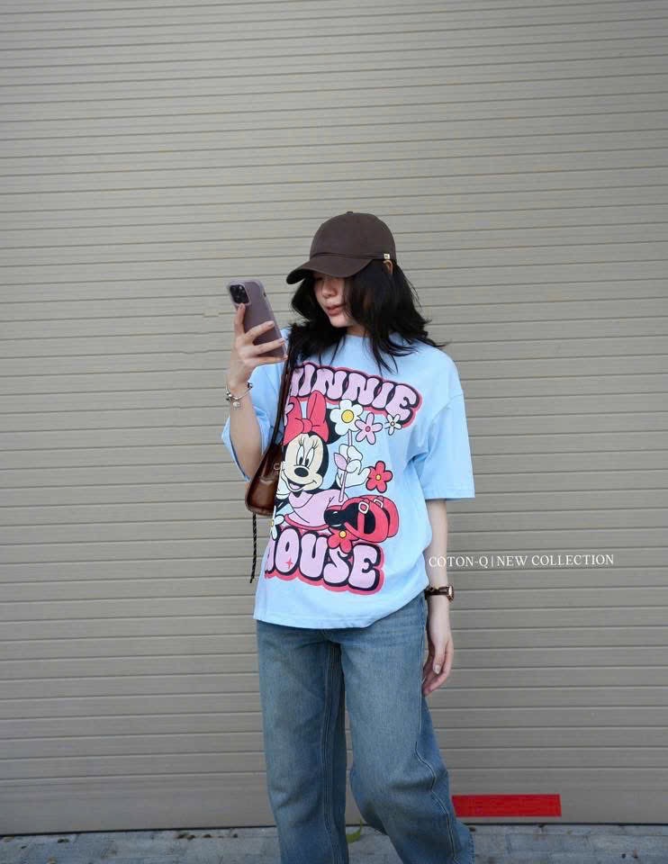 ANU378 - ÁO PHÔNG NỮ XANH DƯƠNG MICKEY MINNIE HOA