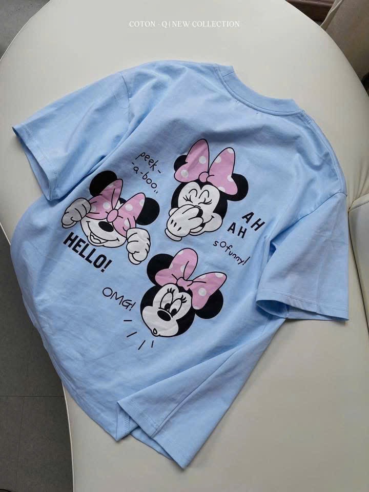 ANU378 - ÁO PHÔNG NỮ XANH DƯƠNG MICKEY MINNIE HOA