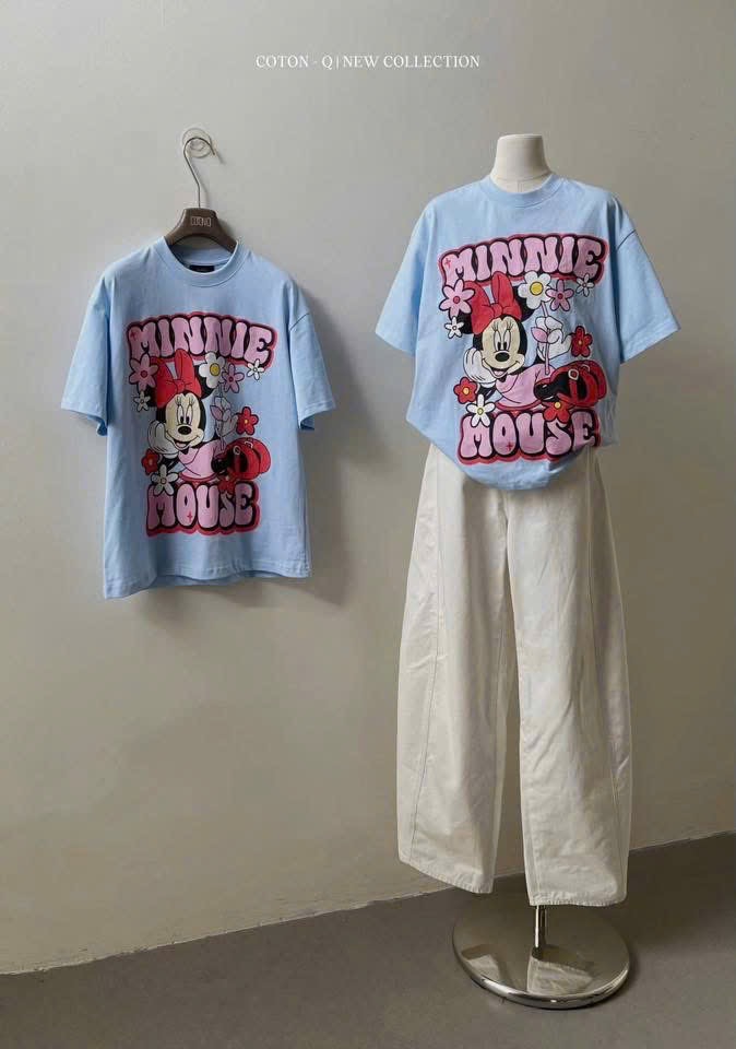 ANU378 - ÁO PHÔNG NỮ XANH DƯƠNG MICKEY MINNIE HOA