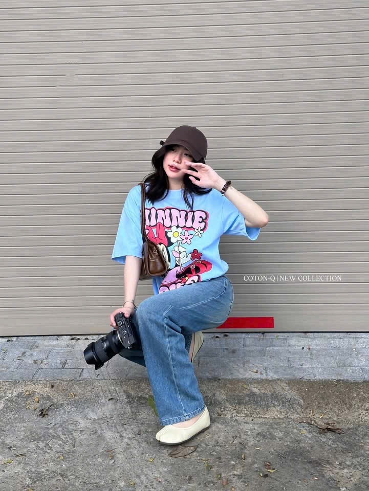ANU378 - ÁO PHÔNG NỮ XANH DƯƠNG MICKEY MINNIE HOA