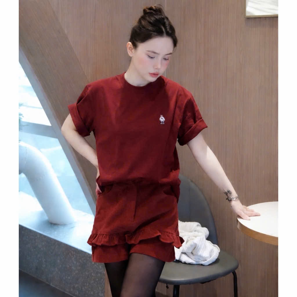 ANU392 - SET 2 ÁO PHÔNG NỮ THÊU GẤU W đỏ trắng