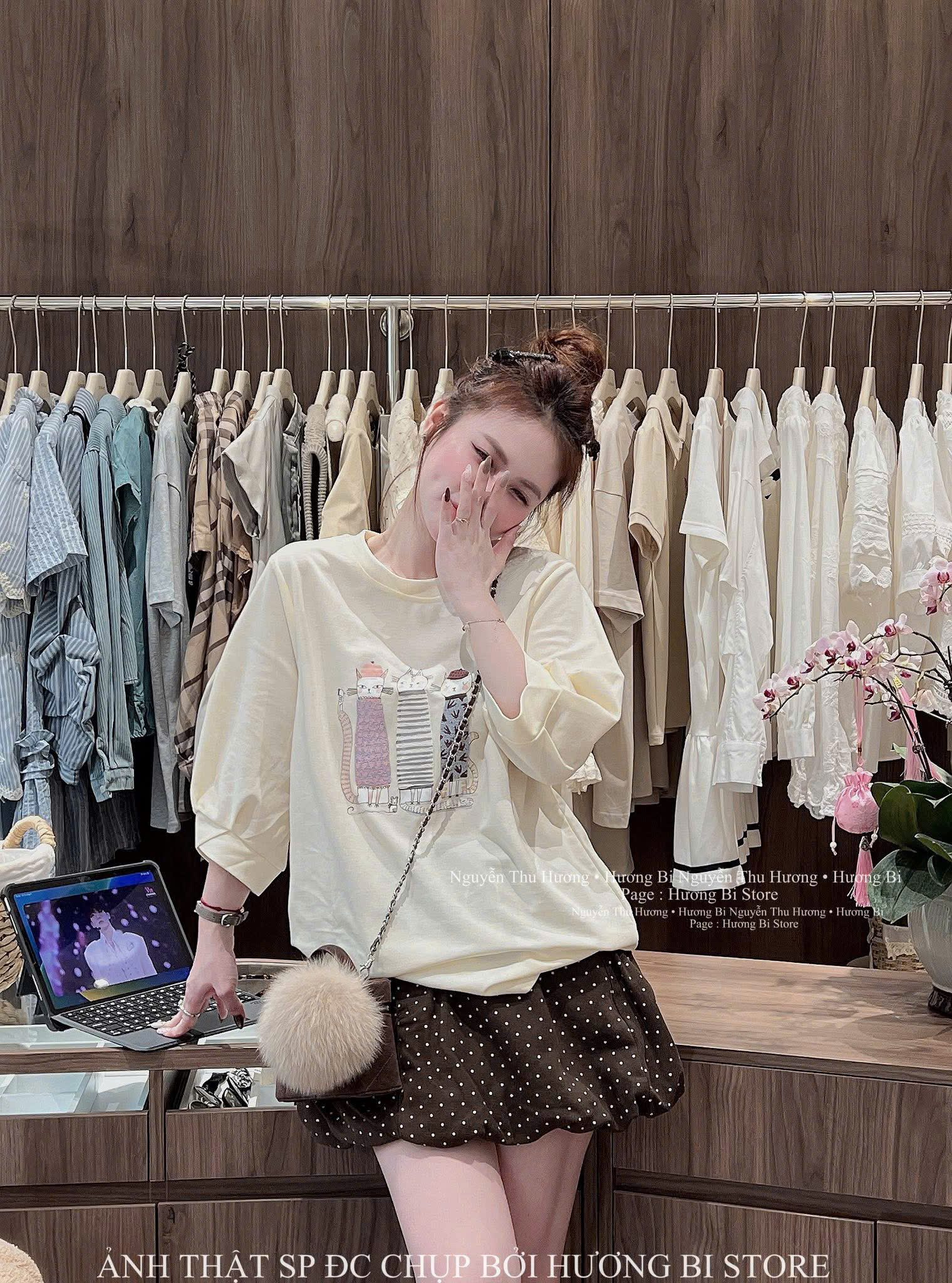 ANU412 - ÁO PHÔNG NỮ MÀU BE IN MÈO TAY LỠ