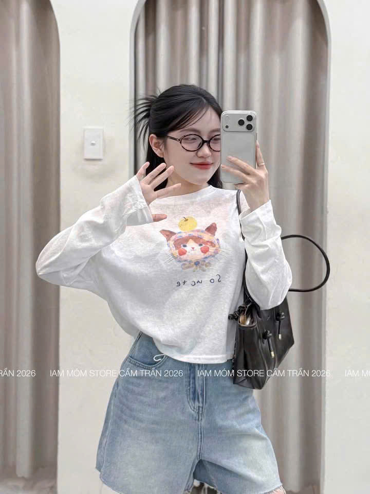 ANU434 - SET 2 ÁO NỮ THUN GIẤY DÀI TAY MÈO cute trắng kẻ