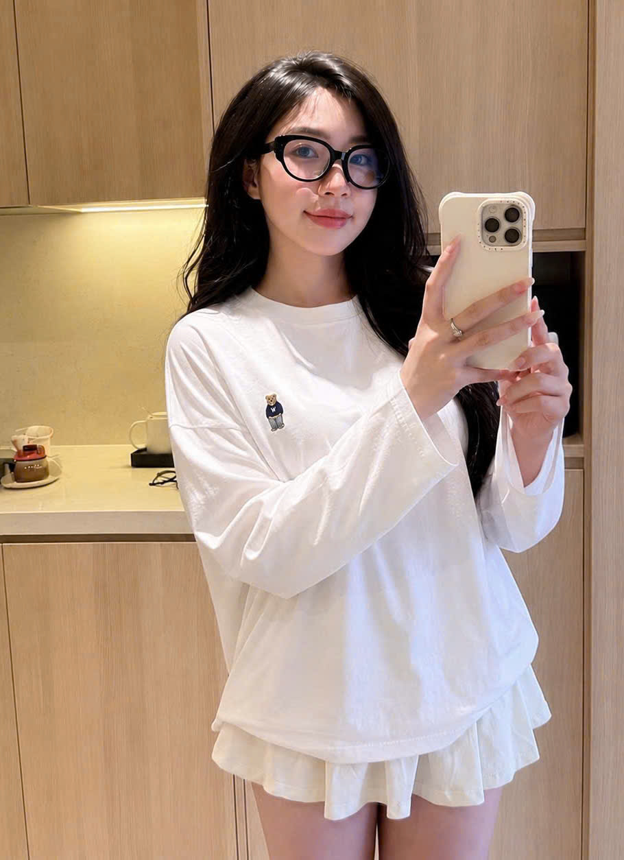 (chờ) ANU454 - SET 2 ÁO THUN NỮ COTTON DÀI TAY THÊU GẤU W vàng trắng