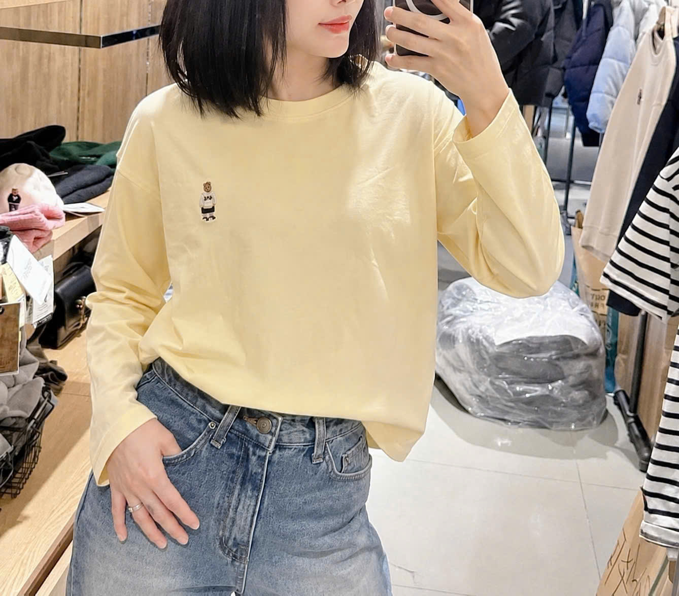 (chờ) ANU454 - SET 2 ÁO THUN NỮ COTTON DÀI TAY THÊU GẤU W vàng trắng