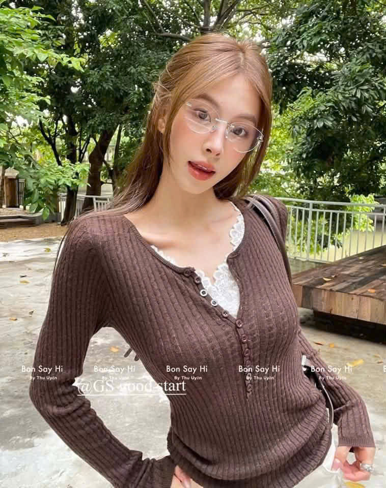 ANU456 - ÁO LEN TĂM NÂU CAFE CỔ CÚC PHỐI REN