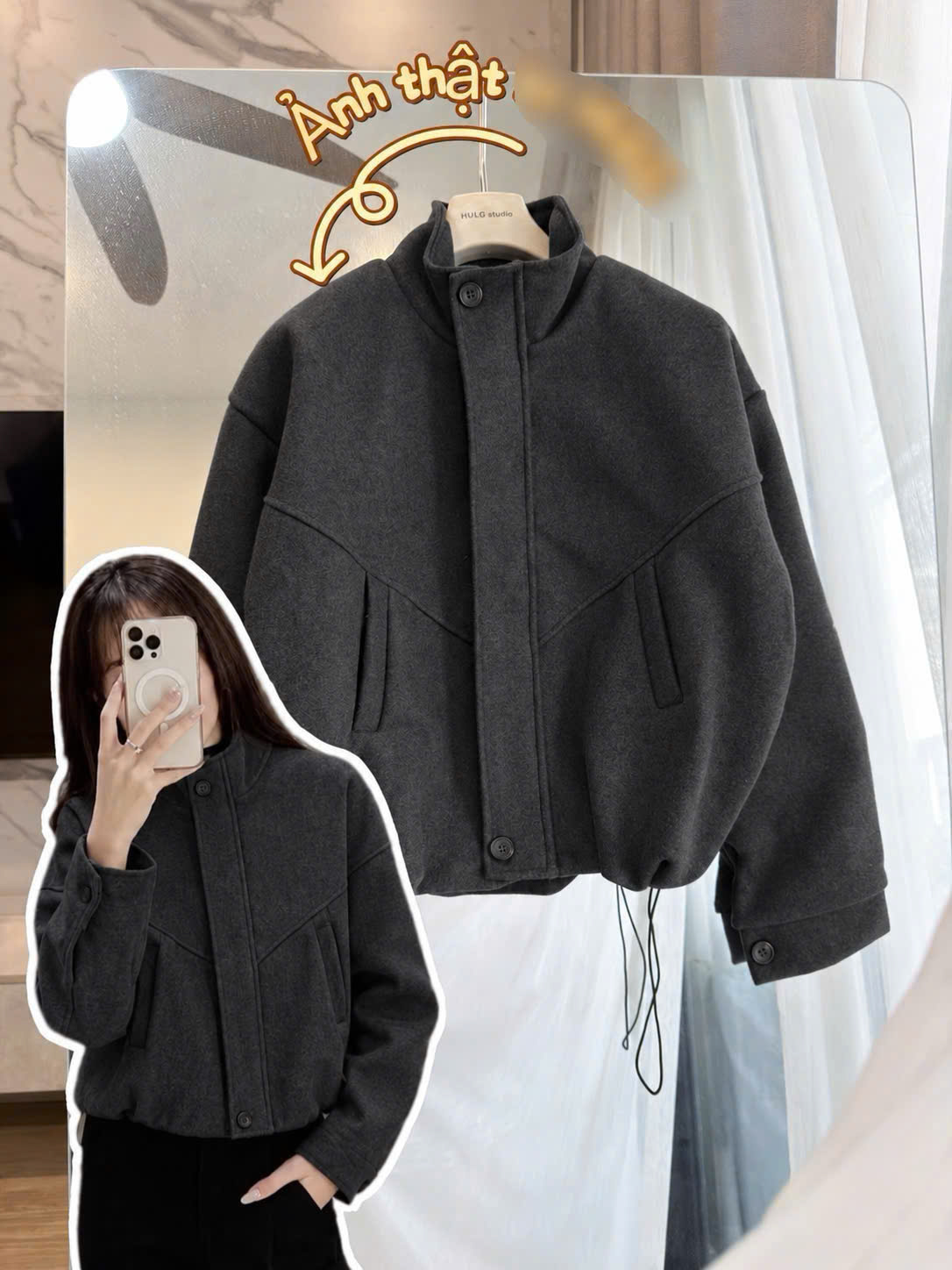 (chờ) ANU465 - ÁO KHOÁC DẠ BOMBER XÁM