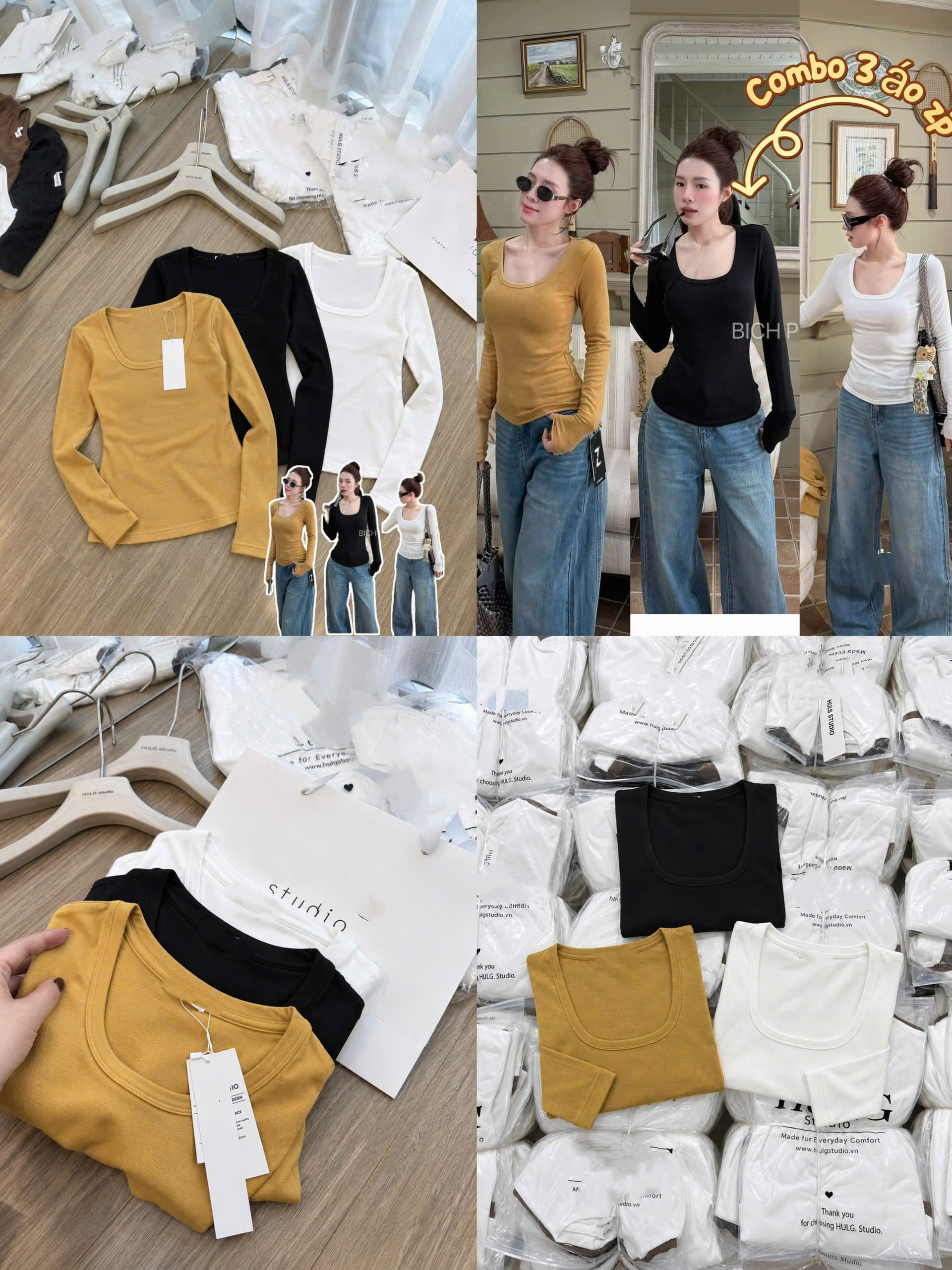 ANU461 - SET 3 ÁO NỮ ZIP CỔ U DÀI TAY đen vàng trắng