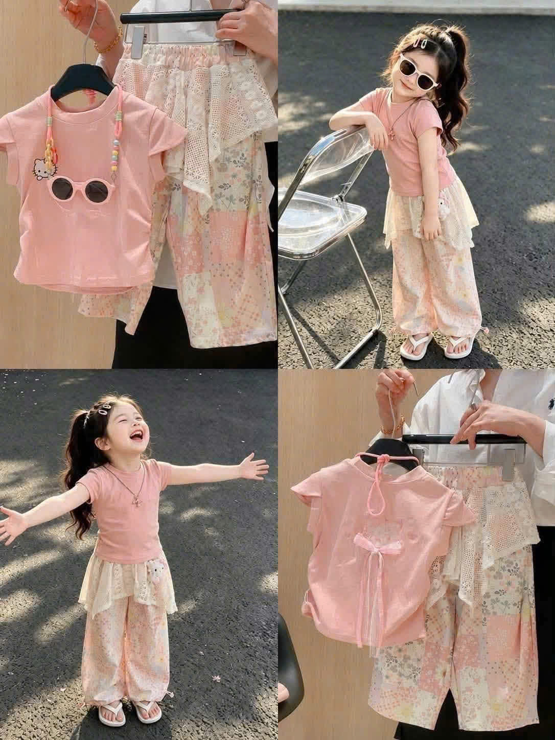 G041 - BỘ BÉ GÁI ÁO HỒNG QUẦN SUÔNG HOA PHỐI REN