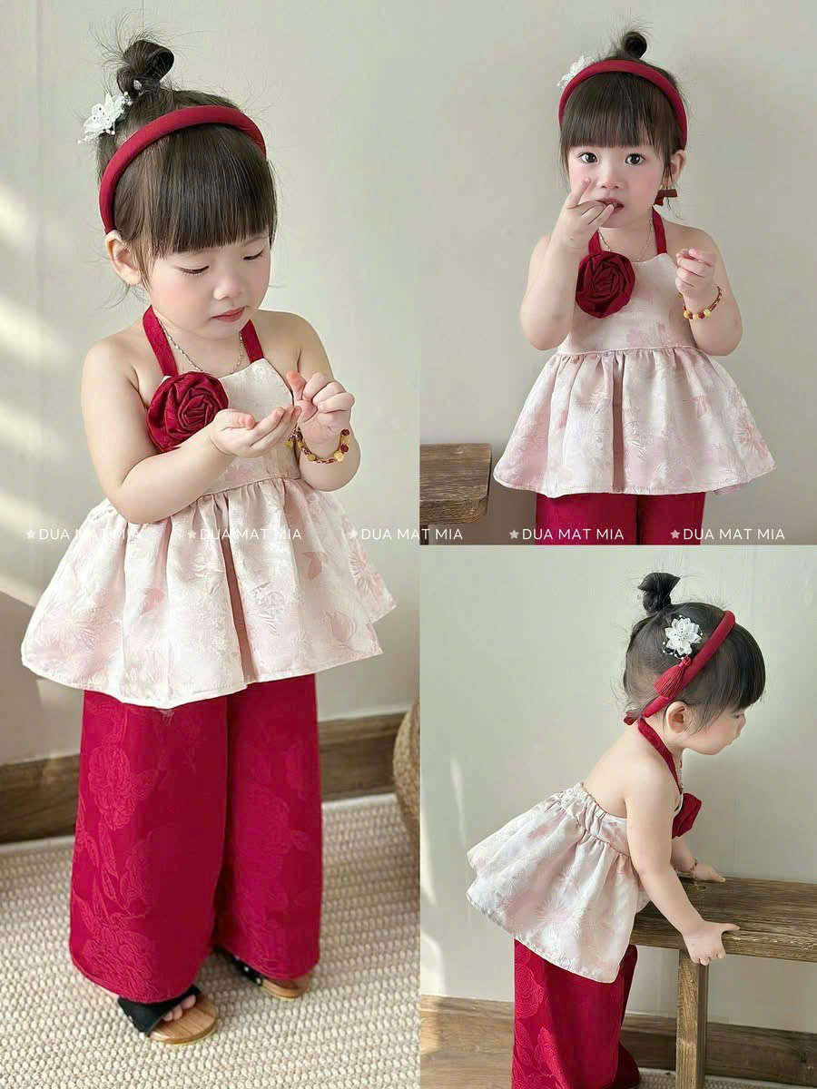 G042 - SET BÉ GÁI YẾM HỒNG ĐÍNH HOA QUẦN ĐỎ
