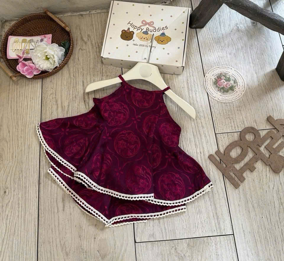 G048 - SET BÉ GÁI LỤA GẤM CỔ YẾM PHỐI REN