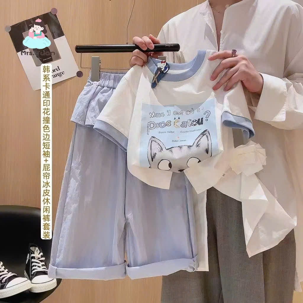 G055 - BỘ BÉ GÁI ÁO TRẮNG MÈO catou QUẦN XANH