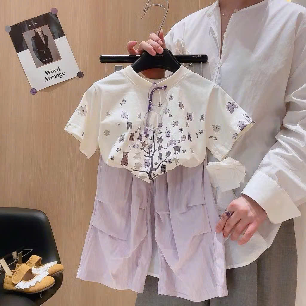 G057 - BỘ BÉ GÁI SIZE NHỠ ÁO HOA THÚ QUẦN SUÔNG TÍM