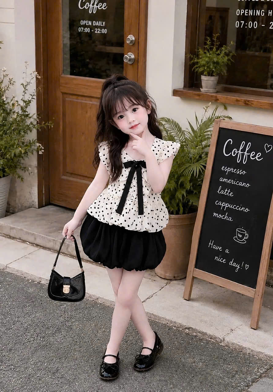 G061 - SET BÉ GÁI BÈO NƠ ĐEN QUẦN BÍ BỒNG