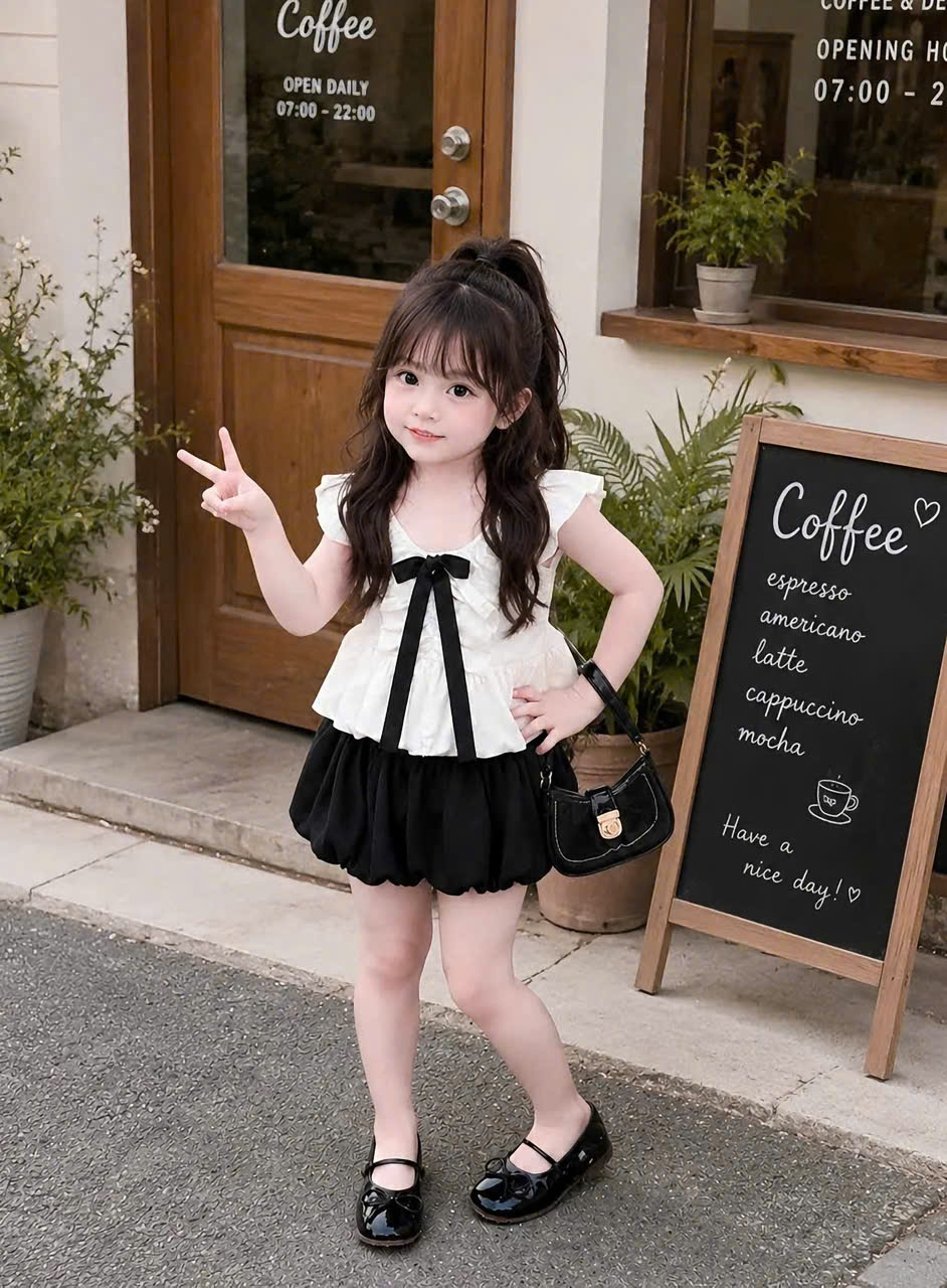 G061 - SET BÉ GÁI BÈO NƠ ĐEN QUẦN BÍ BỒNG