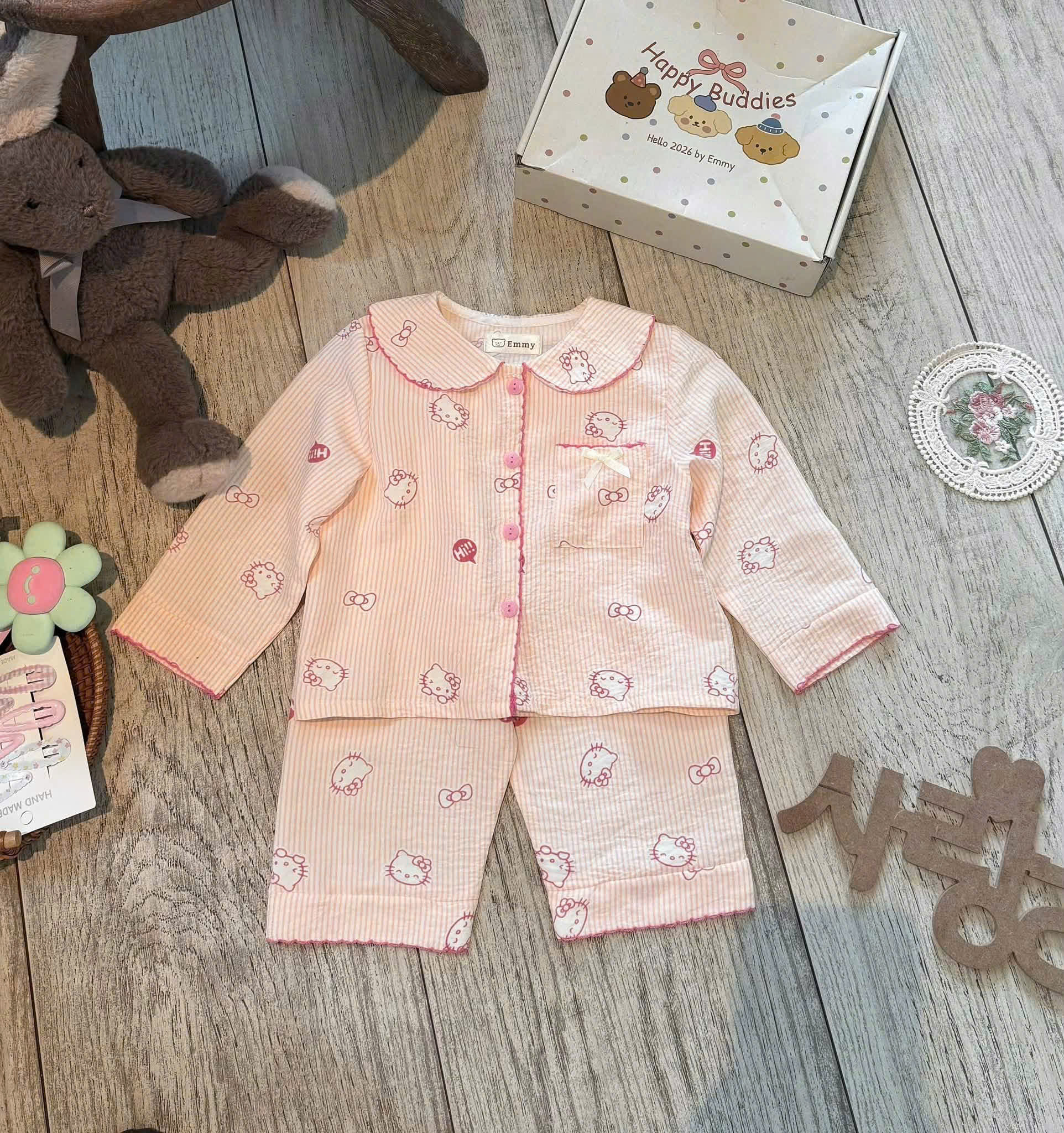 G071 - BỘ BÉ GÁI PYJAMA CỔ SEN SỌC NHỎ KITTY