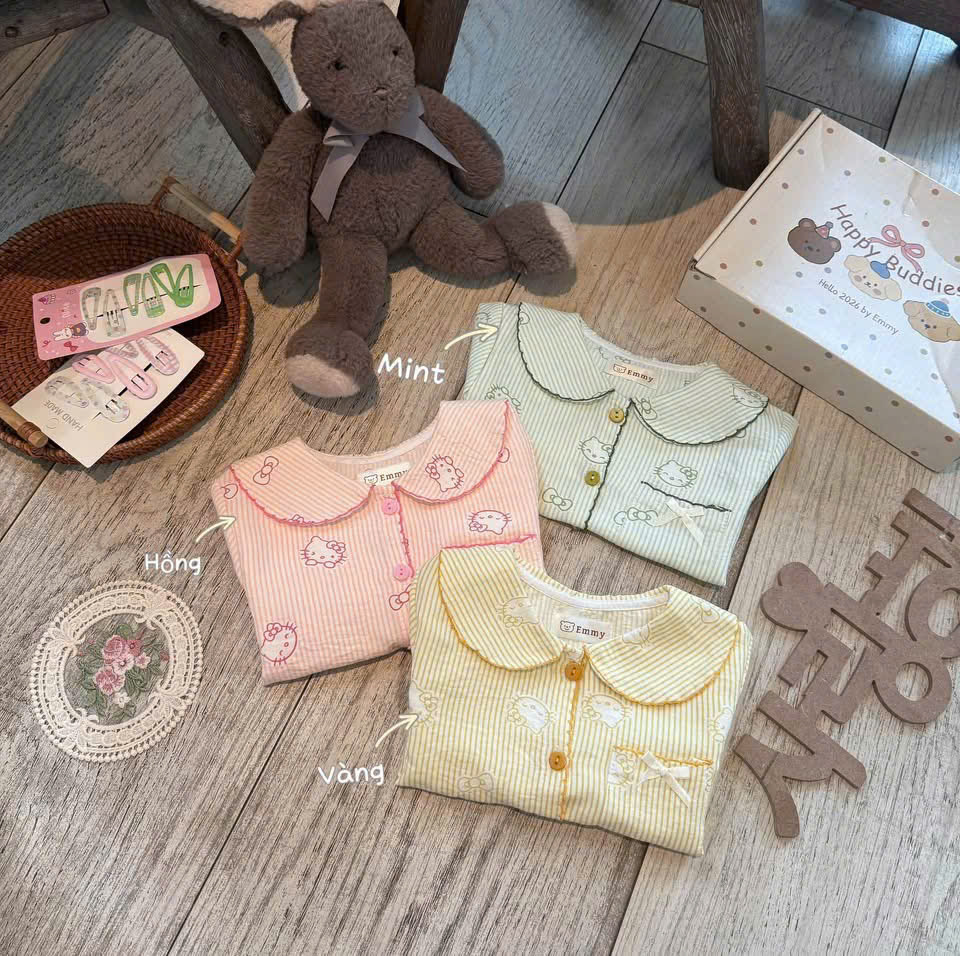 G071 - BỘ BÉ GÁI PYJAMA CỔ SEN SỌC NHỎ KITTY