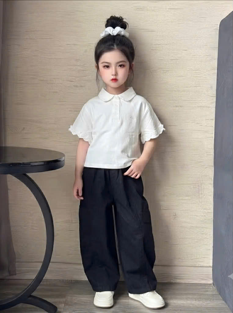 G076 - SET BÉ GÁI ÁO POLO TRẮNG TAY BÈO QUẦN SUÔNG ĐEN