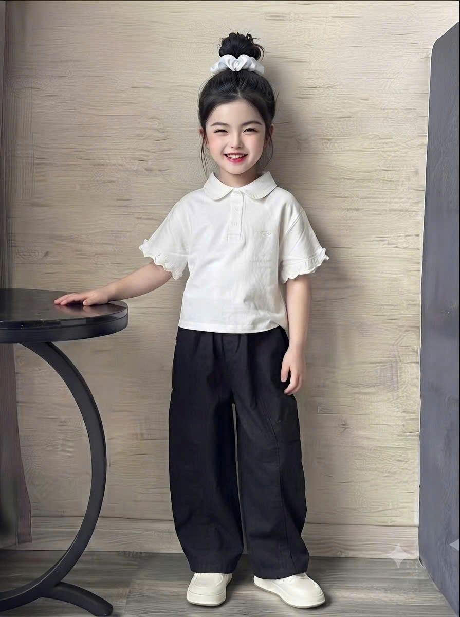 G076 - SET BÉ GÁI ÁO POLO TRẮNG TAY BÈO QUẦN SUÔNG ĐEN