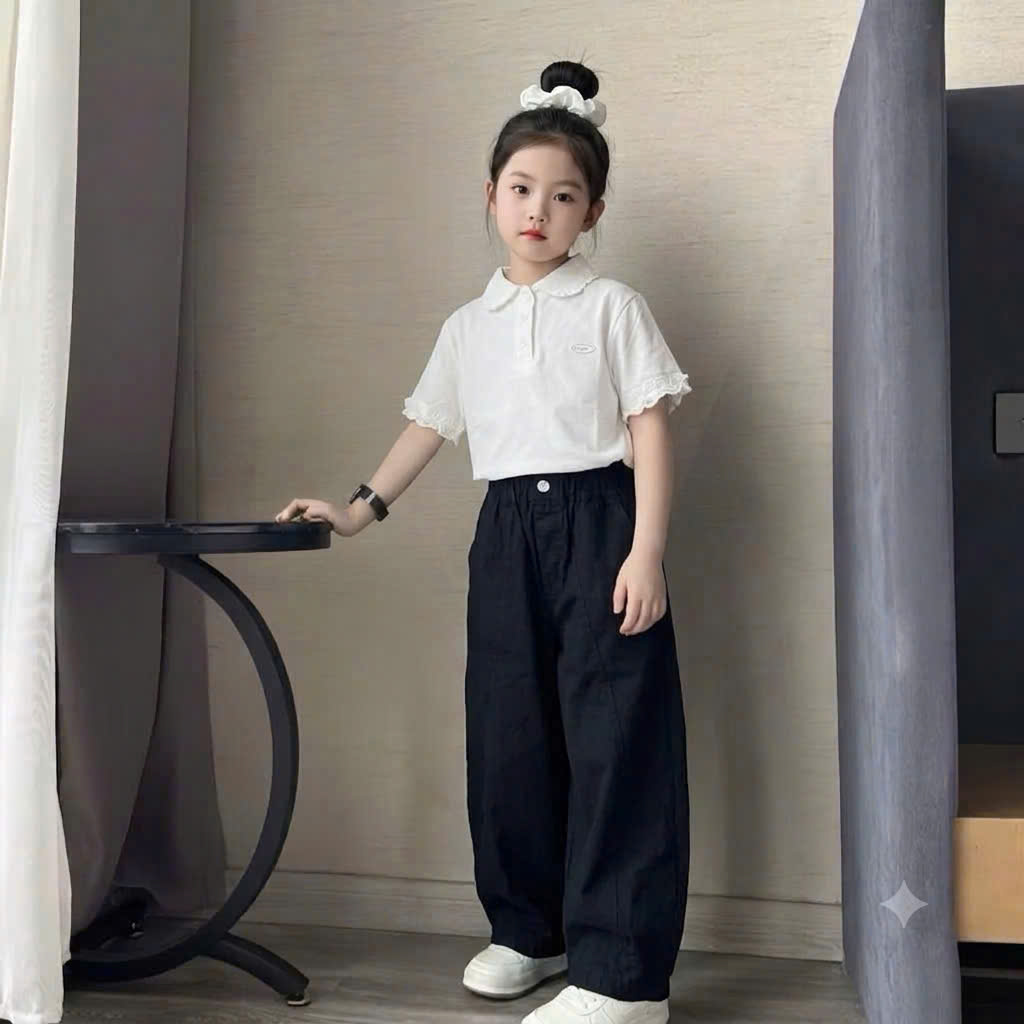 G076 - SET BÉ GÁI ÁO POLO TRẮNG TAY BÈO QUẦN SUÔNG ĐEN