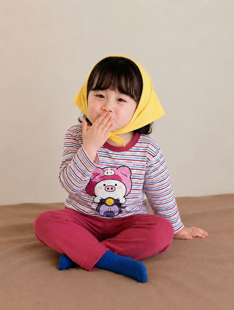 G115 - SET 2 BỘ BÉ GÁI DÀI TAY THỎ LỢN cony hồng kẻ