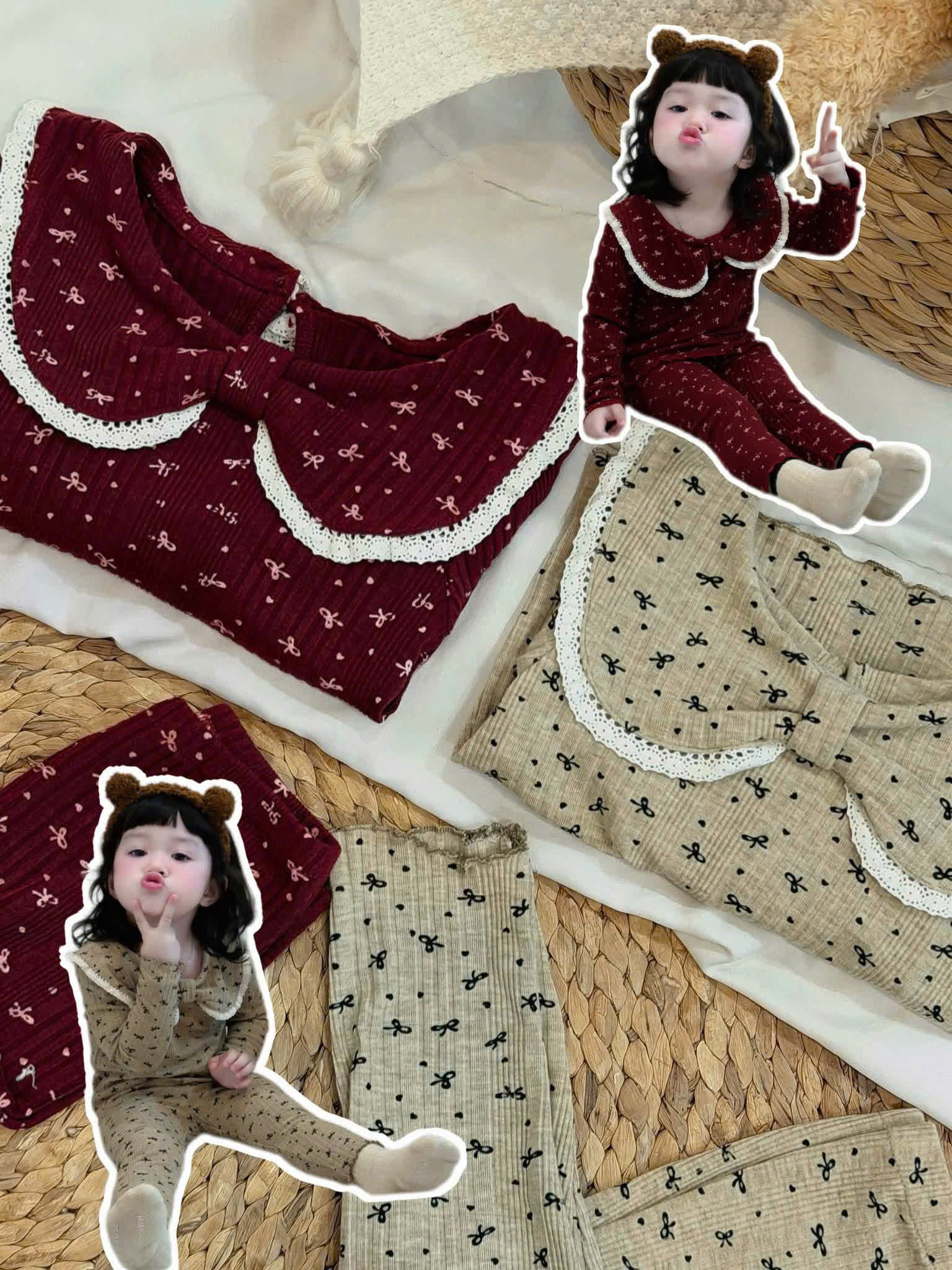 G117 - BỘ BÉ GÁI LEN TĂM DÀI TAY NƠ CỔ SEN BÈO REN TRẮNG