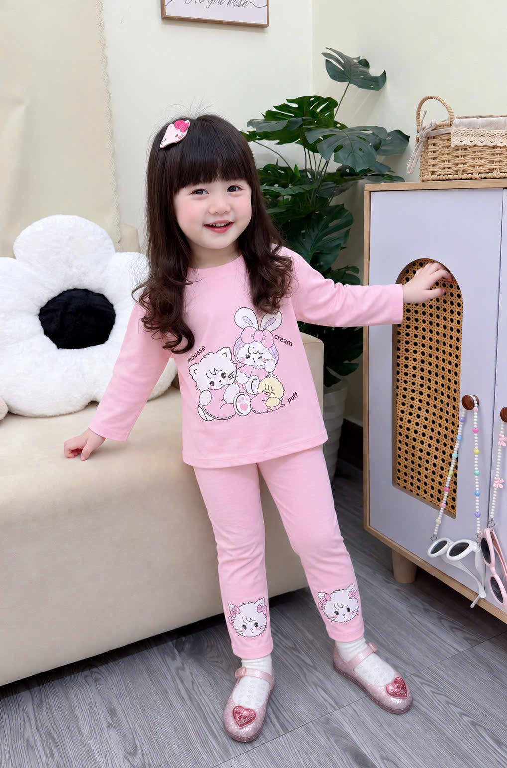 G116 - SET 2 BỘ BÉ GÁI DÀI TAY THỎ CREAM hồng be kẻ