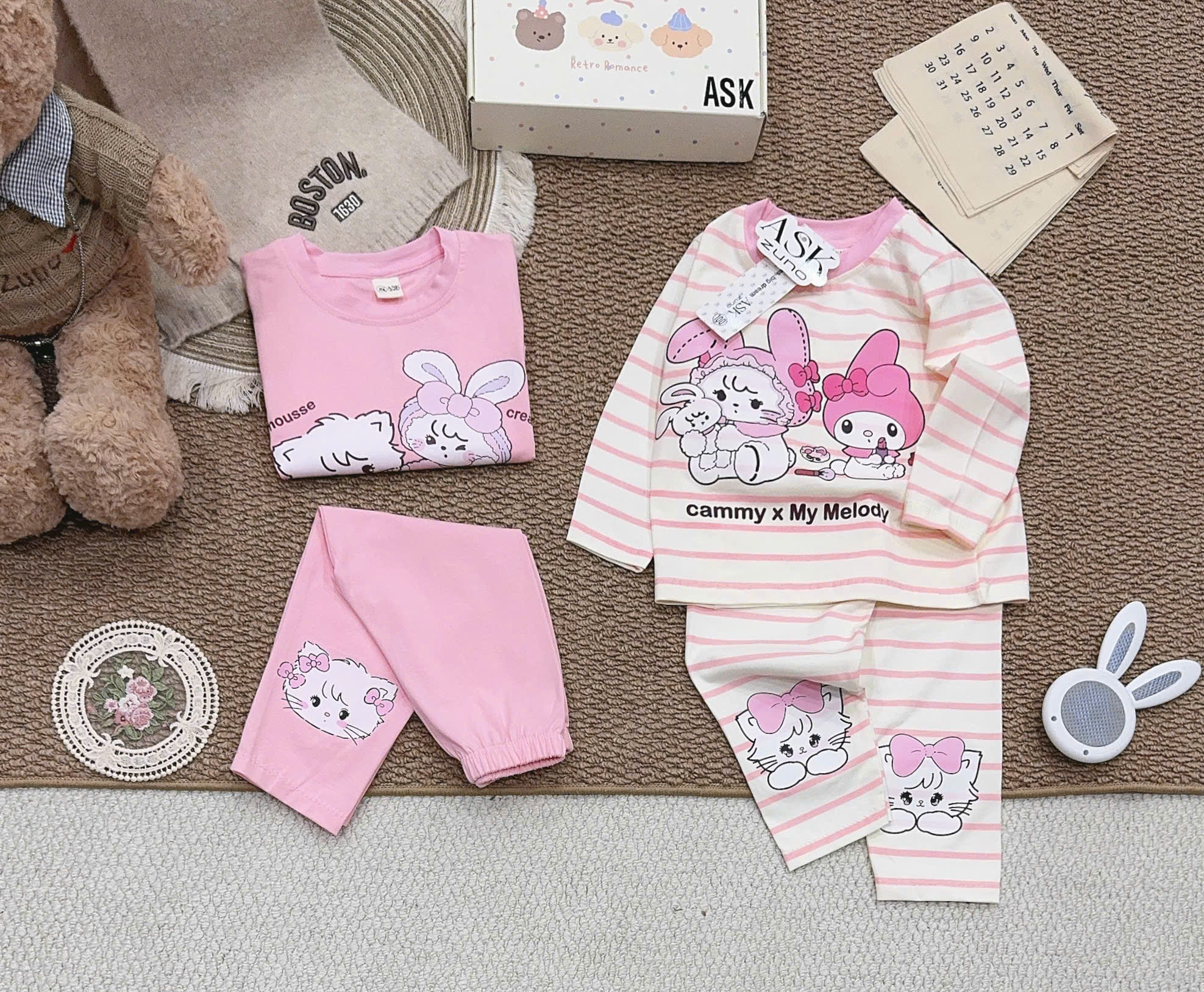 G116 - SET 2 BỘ BÉ GÁI DÀI TAY THỎ CREAM hồng be kẻ