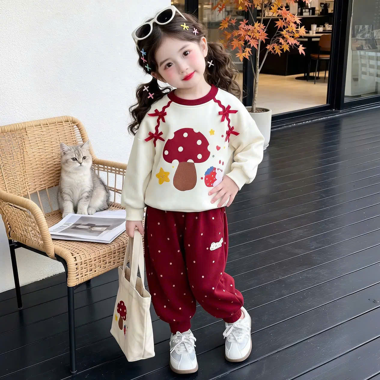 G124 - BỘ BÉ GÁI HAIDA ÁO BE NẤM NƠ ĐỎ QUẦN CHẤM BI