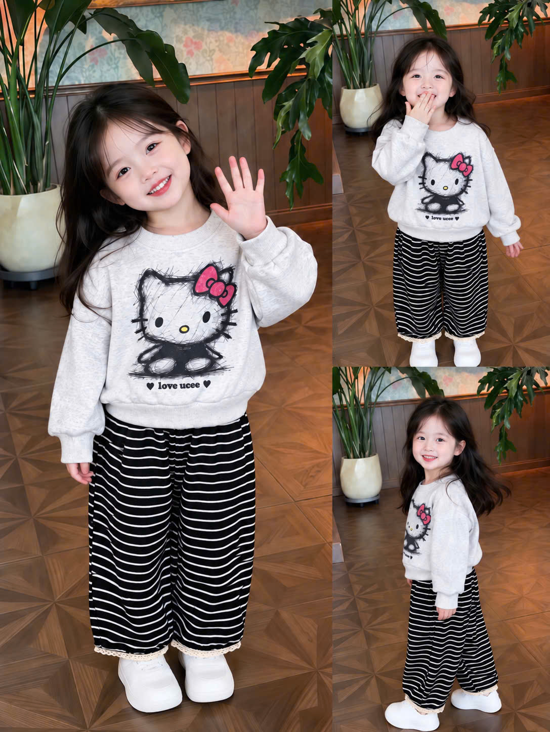 G125 - BỘ BÉ GÁI HAIDA XÁM KITTY QUẦN LEN KẺ ĐEN