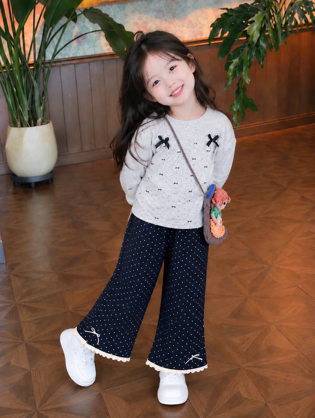 G127 - SET BÉ GÁI ZIP XÁM PHỐI CHẤM BI NƠ QUẦN ĐEN LOE