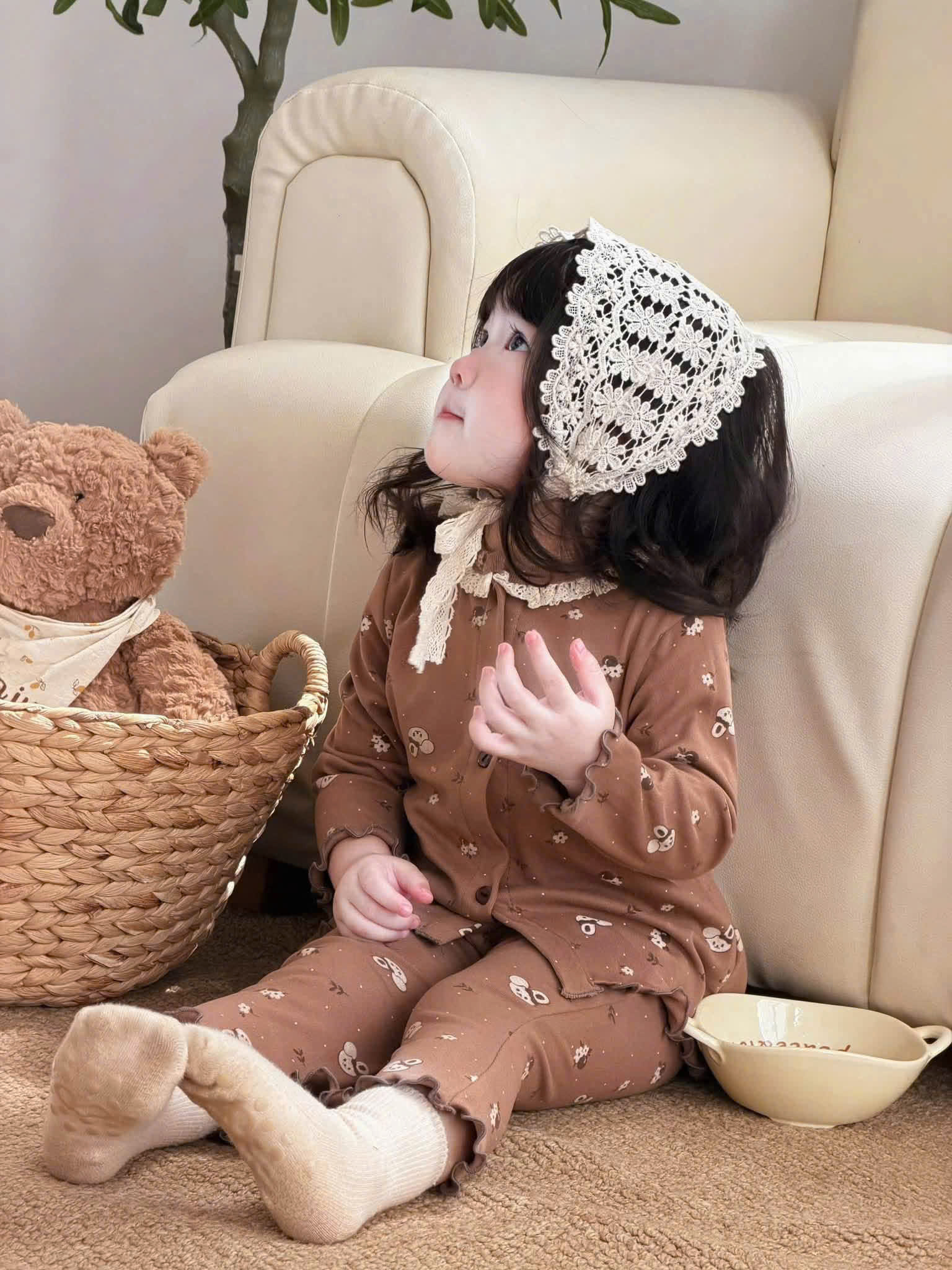 G130 - SET 2 BỘ BÉ GÁI ZIP LÔNG CỔ REN CÁI CÚC QUẦN LOE nâu hồng