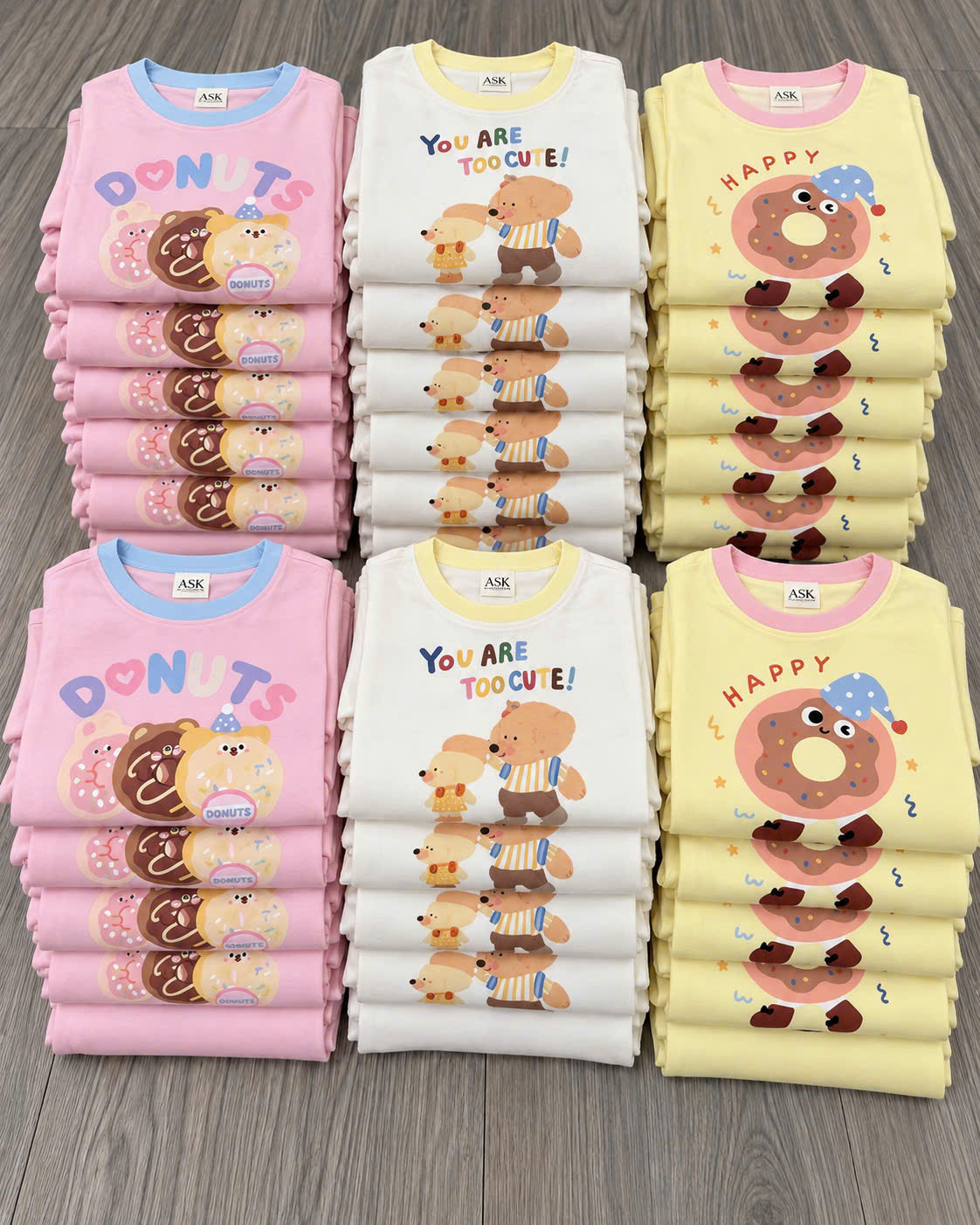 G135 - SET 3 BỘ BÉ GÁI DÀI TAY COTTON GẤU DONUTS vàng hồng trắng