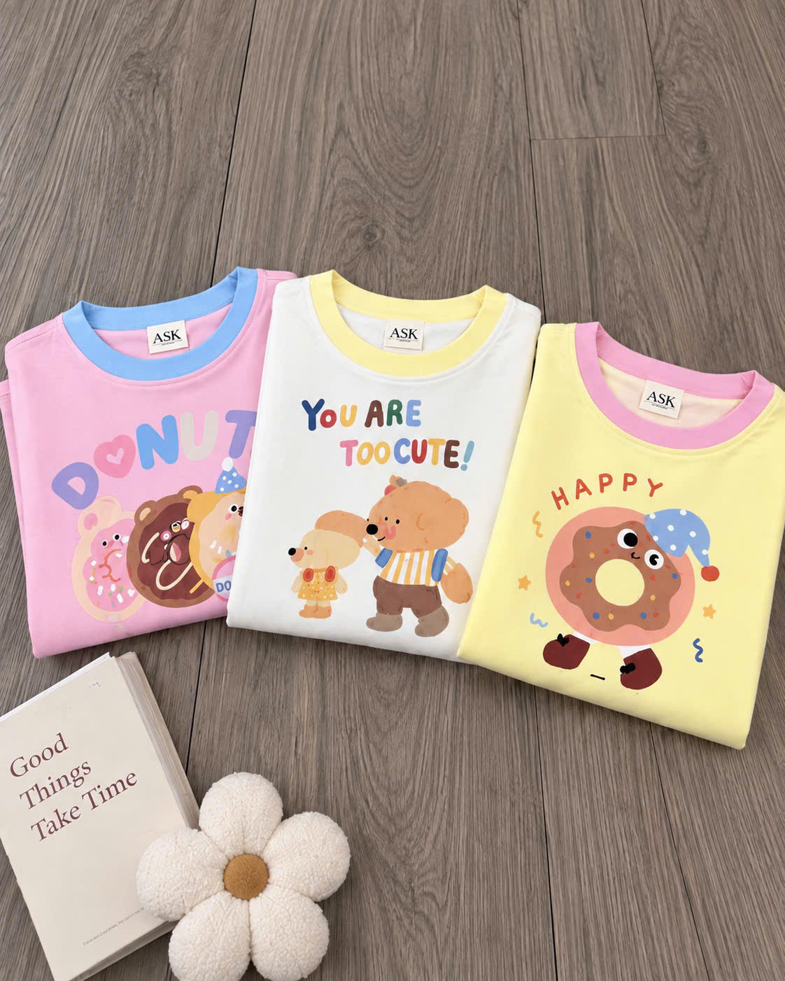 G135 - SET 3 BỘ BÉ GÁI DÀI TAY COTTON GẤU DONUTS vàng hồng trắng
