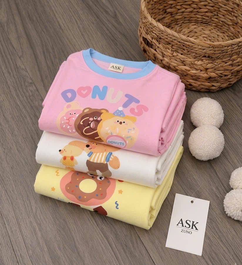 G135 - SET 3 BỘ BÉ GÁI DÀI TAY COTTON GẤU DONUTS vàng hồng trắng