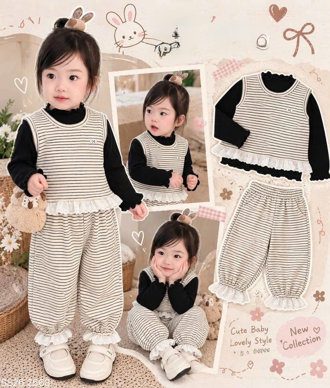(chờ) G145 - SET BÉ GÁI 3CT KẺ NGANG ÁO GILE BÈO QUẦN BOM