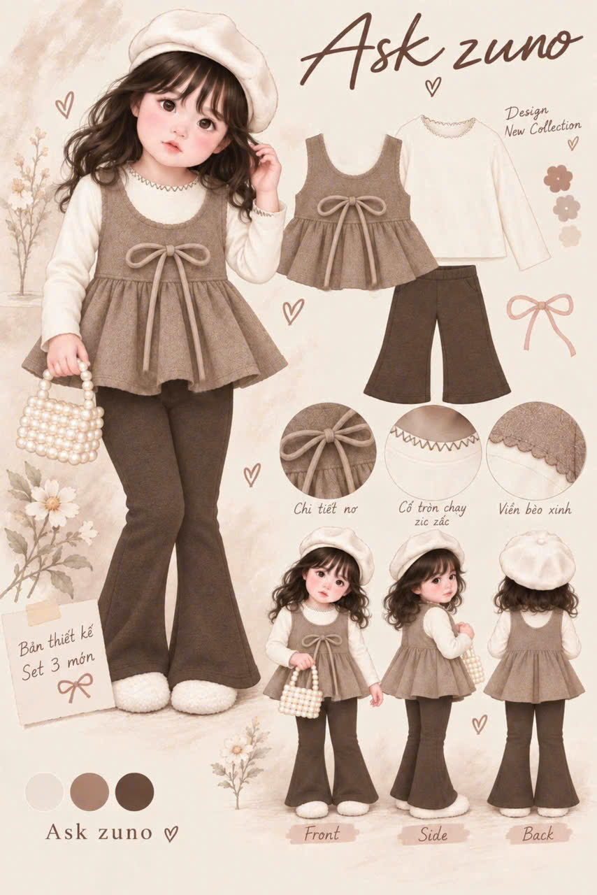 (chờ) G147 - SET BÉ GÁI ÁO BÈO NÂU MIX ÁO TRẮNG QUẦN LOE