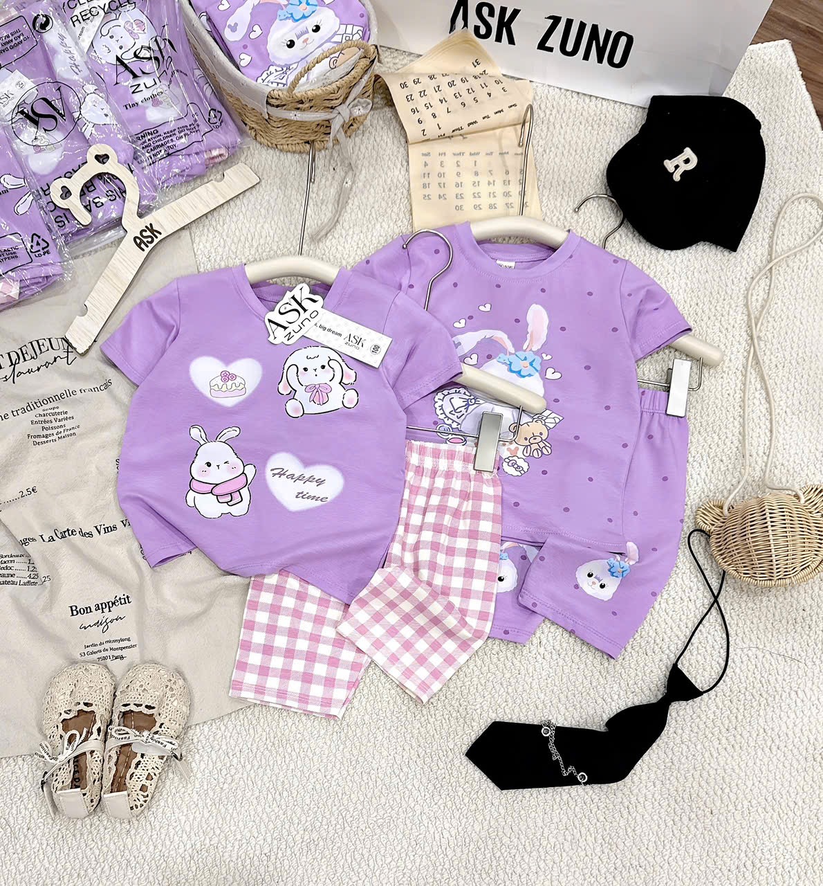 G943 - SET 2 BỘ ĐÙI BÉ GÁI TÍM THỎ CHẤM BI
