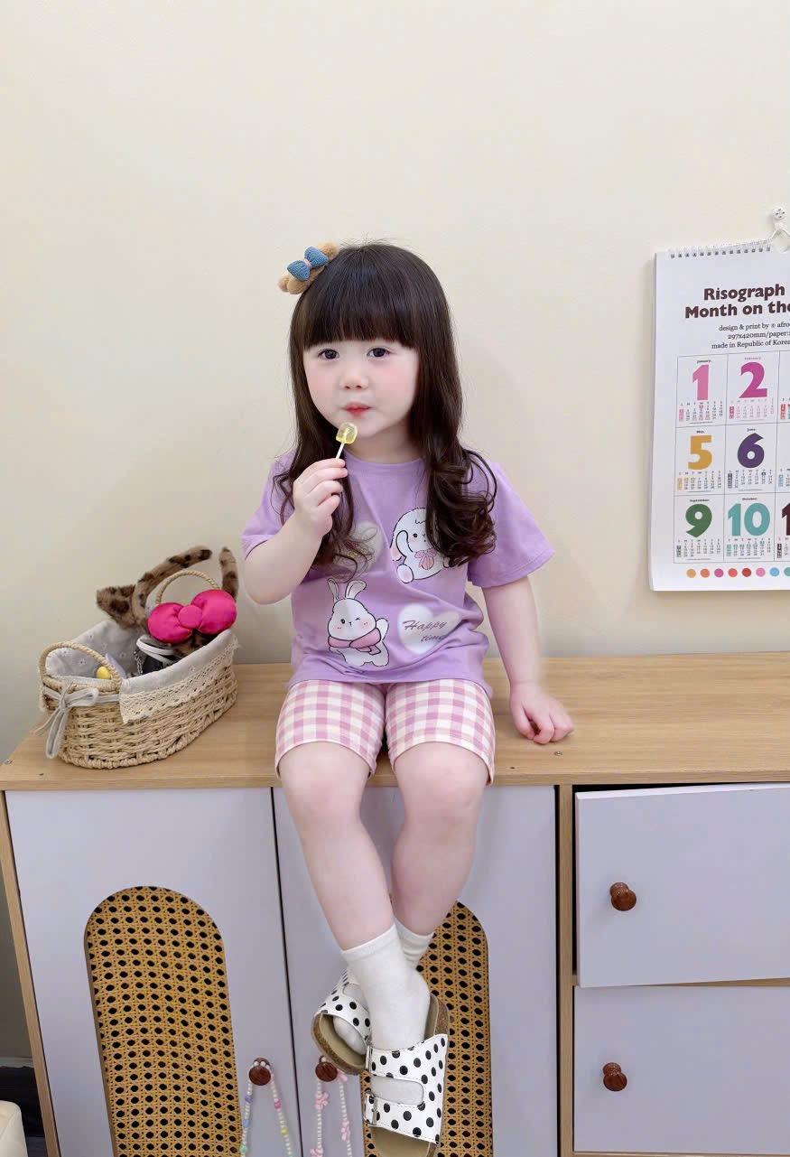 G943 - SET 2 BỘ ĐÙI BÉ GÁI TÍM THỎ CHẤM BI