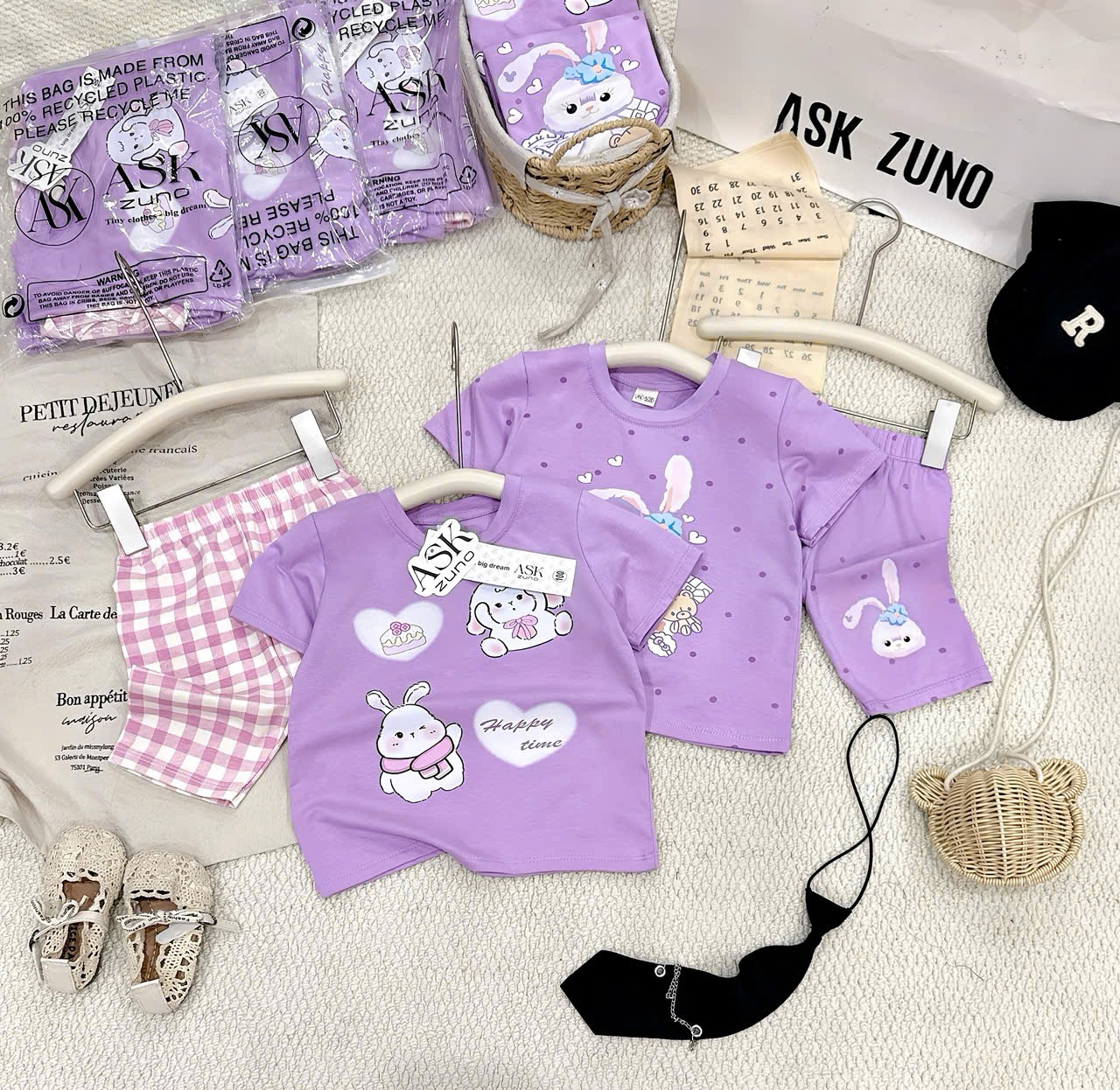 G943 - SET 2 BỘ ĐÙI BÉ GÁI TÍM THỎ CHẤM BI