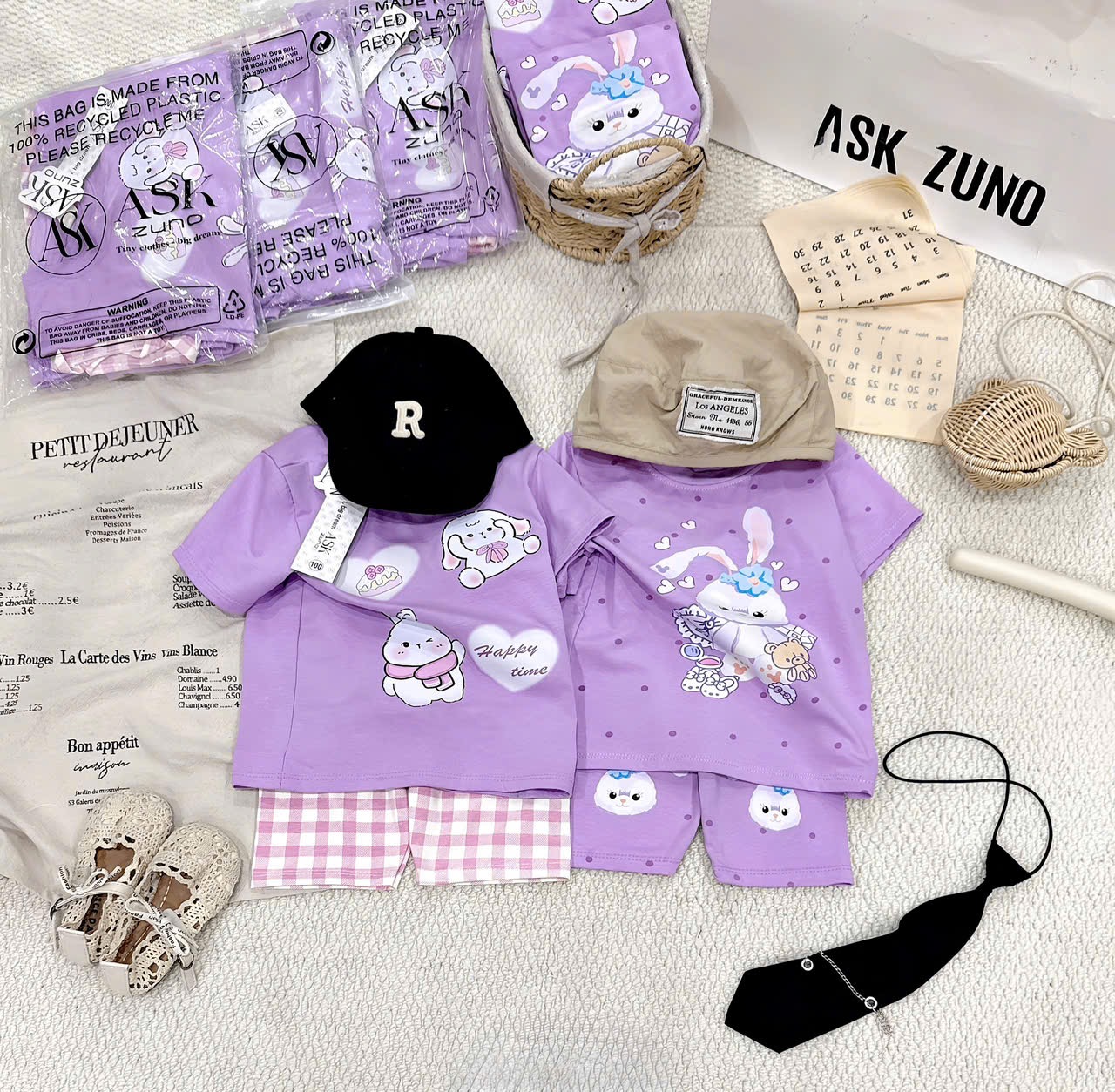 G943 - SET 2 BỘ ĐÙI BÉ GÁI TÍM THỎ CHẤM BI