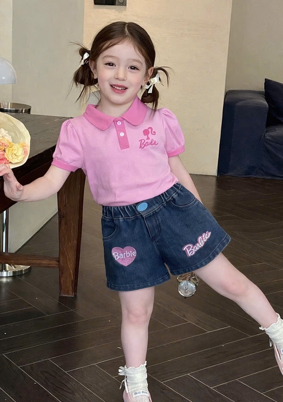 G944 - SET BÉ GÁI POLO THÊU barbie MIX QUẦN BÒ