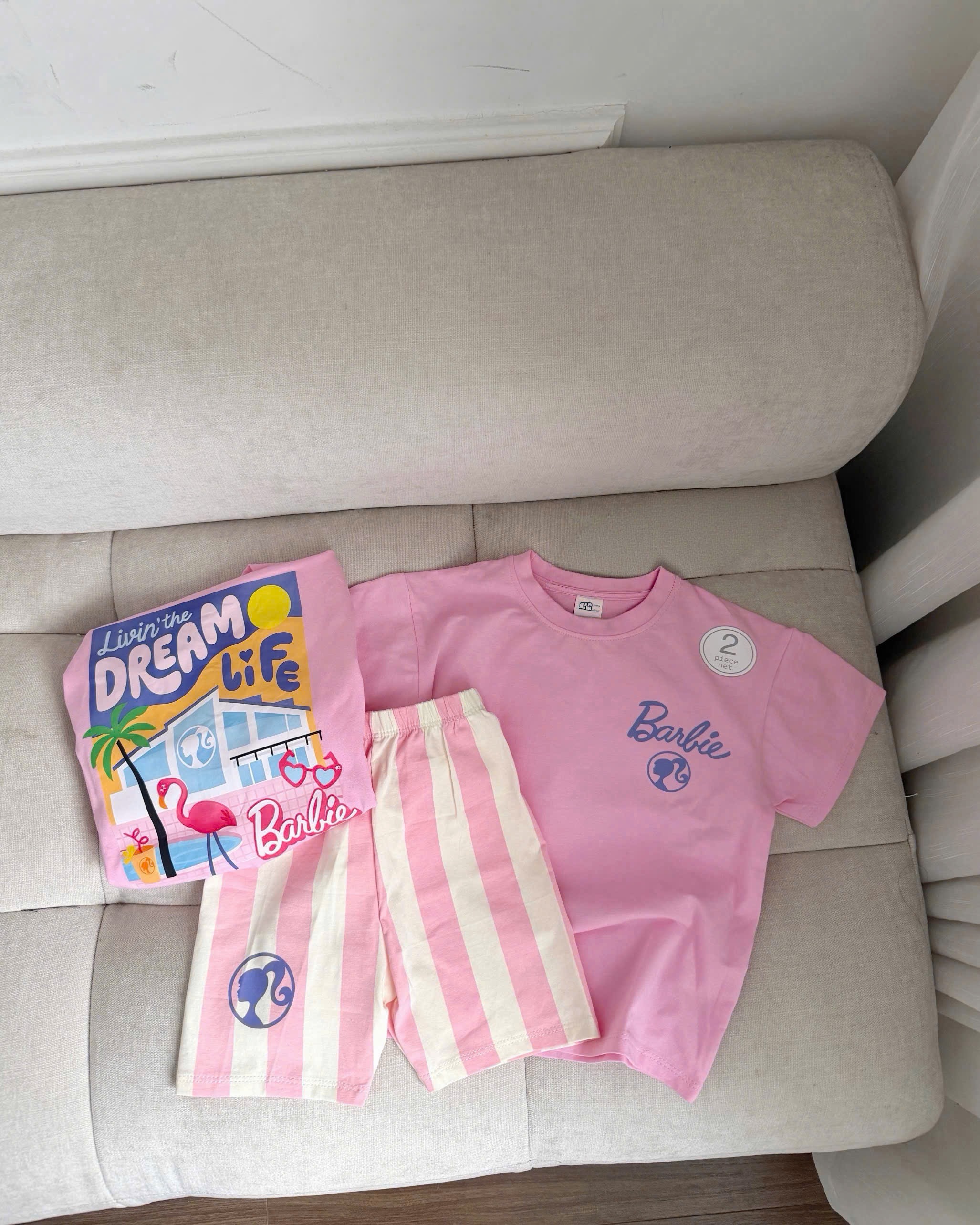 G951 - BỘ ĐÙI BÉ GÁI ÁO HỒNG BARBIE QUẦN LEGGING SỌC